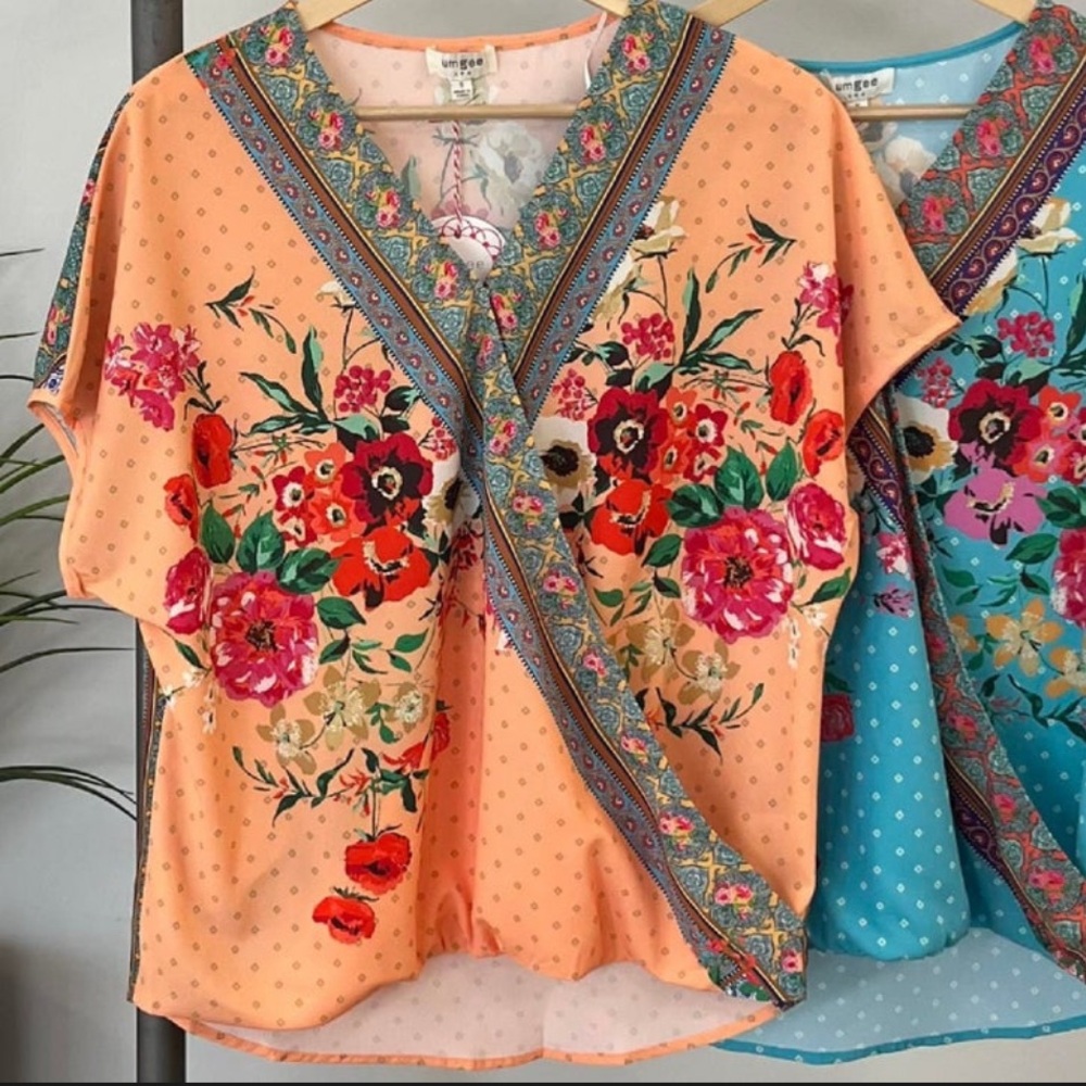 Umgee Floral Blouse - Peach and Teal